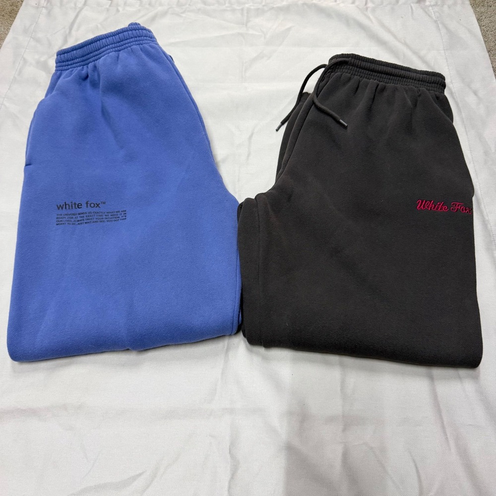 White Fox Boutique Sweatpants Bundle Blue Graphic & Charcoal Grey Logo Joggers M